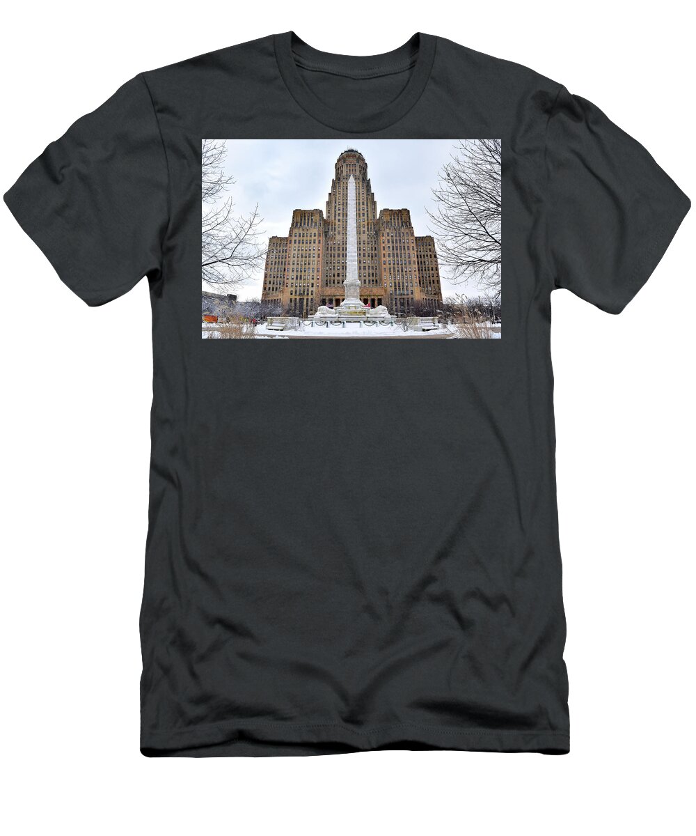 Art Deco T-Shirt featuring the photograph Iconic Buffalo City Hall in Winter by Nicole Lloyd