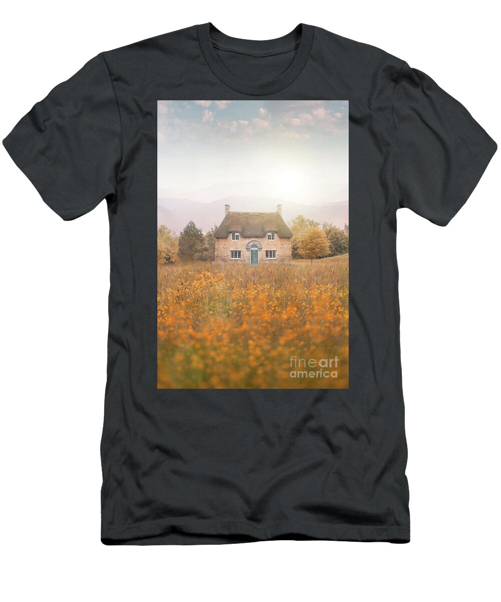 Thatched T-Shirt featuring the photograph Idyllic Thatched Cottage In A Summer Meadow by Lee Avison