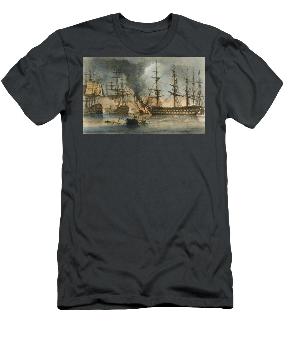 George Philip. Reinagle T-Shirt featuring the painting Illustrations Of The Battle Of Navarin by George Philip