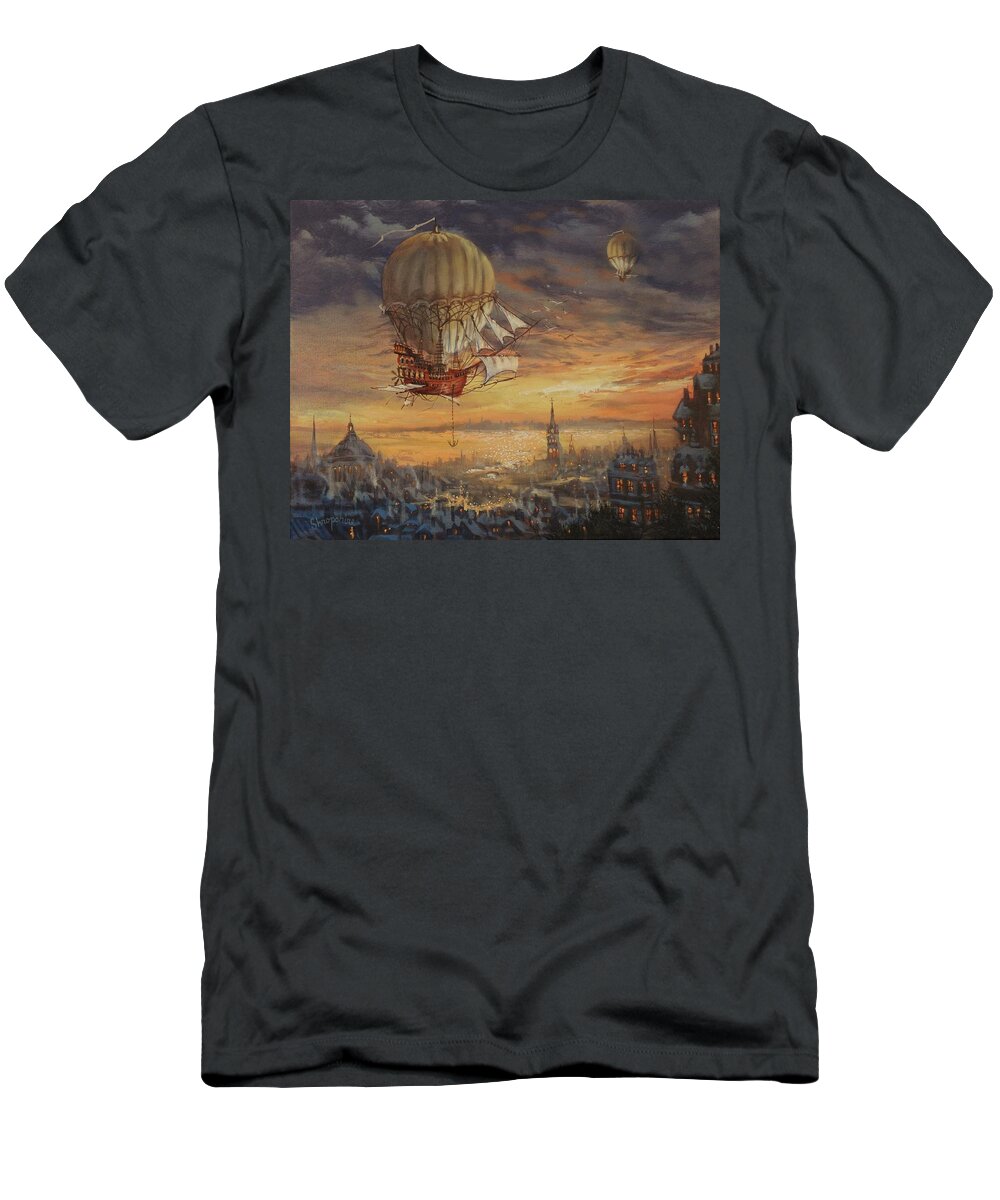 Airship T-Shirt featuring the painting In Her Majesty's Service Steampunk Series by Tom Shropshire
