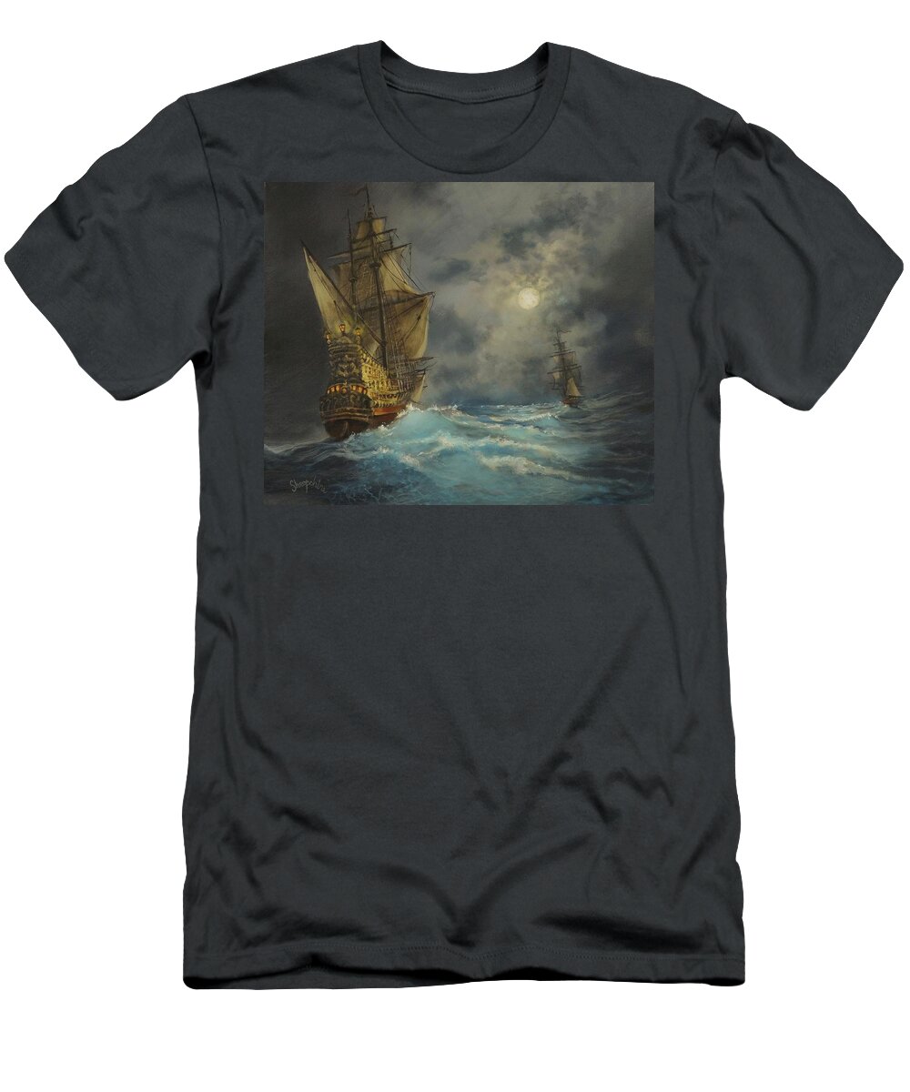Pirate Ship T-Shirt featuring the painting In Pursuit by Tom Shropshire