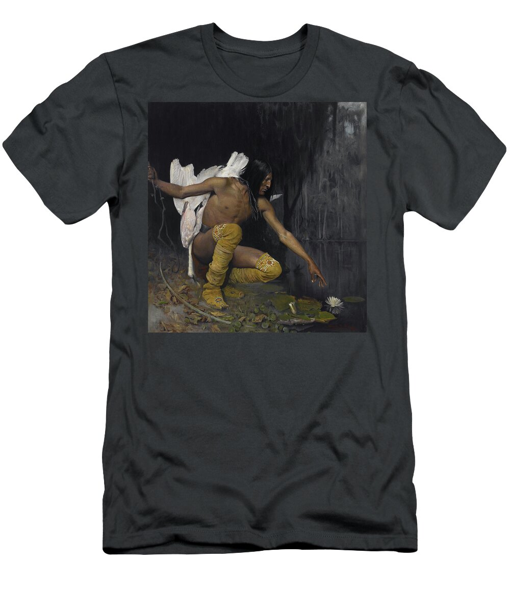 George De Forest Brush B. 1855. D. 1941. T-Shirt featuring the painting Indian And The Lily by MotionAge Designs