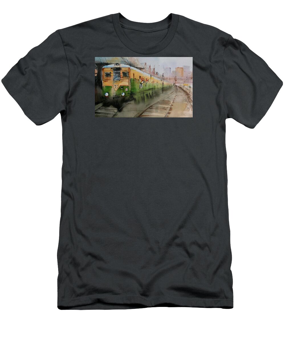 Watercolor T-Shirt featuring the painting Indian local train by Nitin Singh