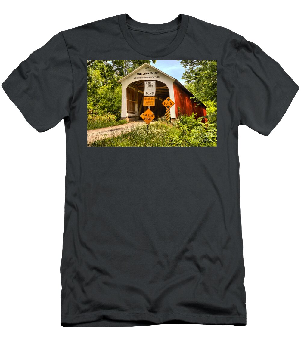 Mill Creek Covered Bridge T-Shirt featuring the photograph Indiana Mill Creek Covered Bridge by Adam Jewell