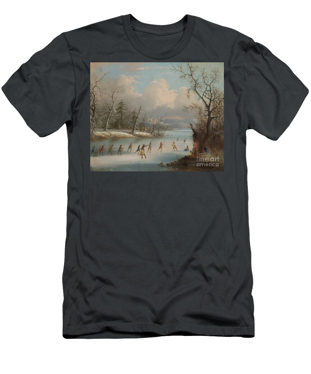 Ice Skating T-Shirt featuring the painting Indians Playing Lacrosse on the Ice, 1859 by Edmund C Coates
