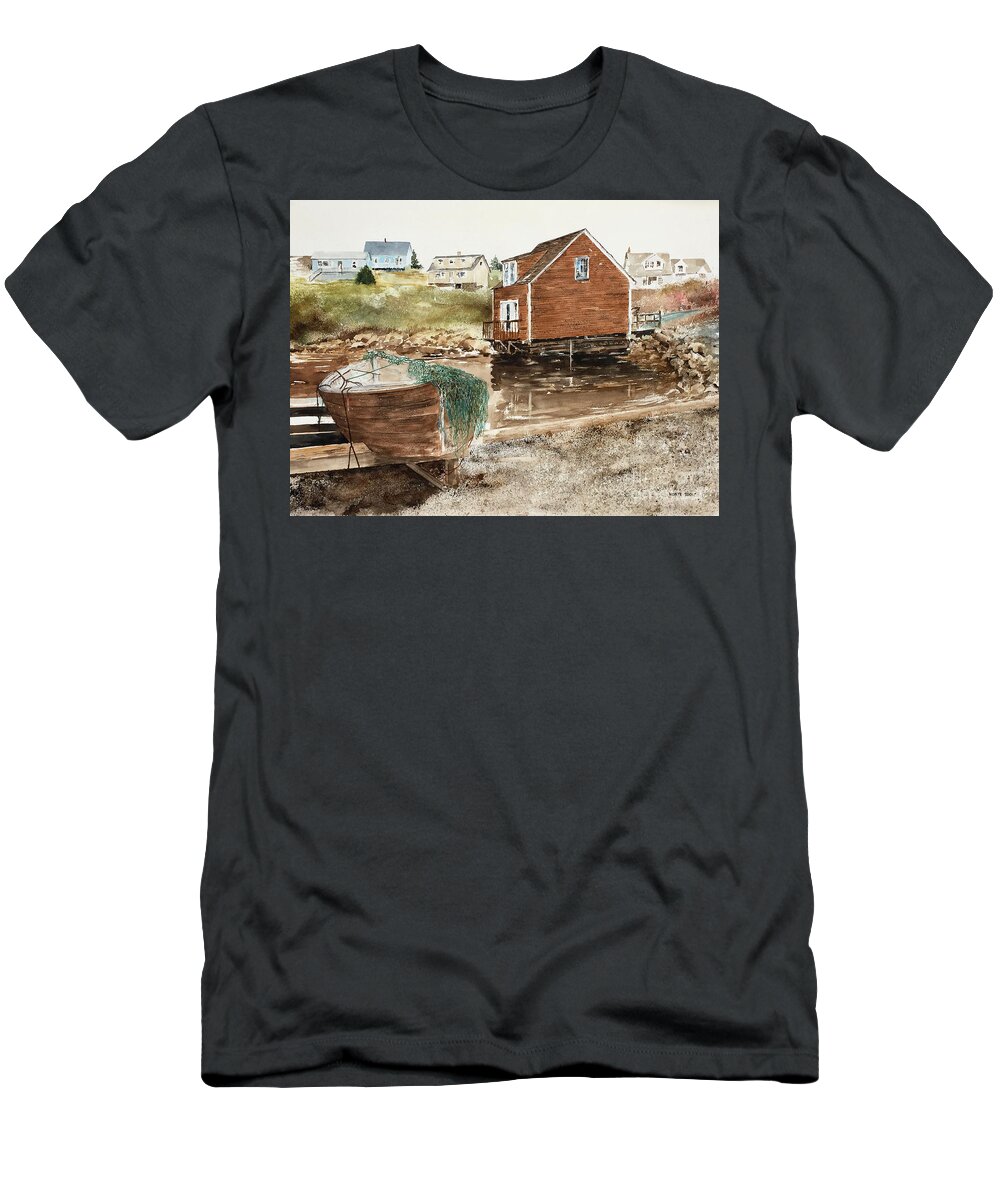 A Small Fishing Boat Is Beached At The Inlet To Peggy's Cove T-Shirt featuring the painting Inlet At Peggy's Cove by Monte Toon