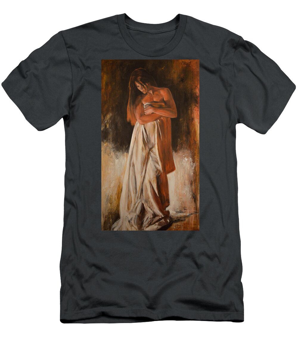 Nude Nudes Woman People Portrait Figure Figurative Abstract T-Shirt featuring the painting Intenso by Escha Van den bogerd