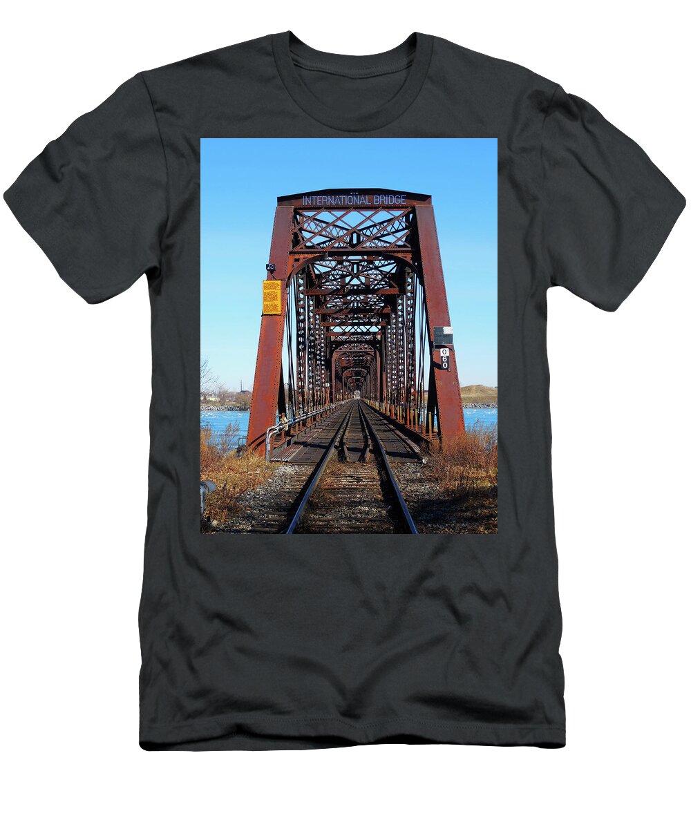 International Bridge T-Shirt featuring the photograph International Bridge - Railway Bridge to United States by Leslie Montgomery