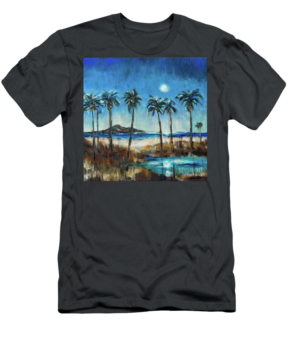 Island T-Shirt featuring the painting Island Lagoon at Night by Linda Olsen