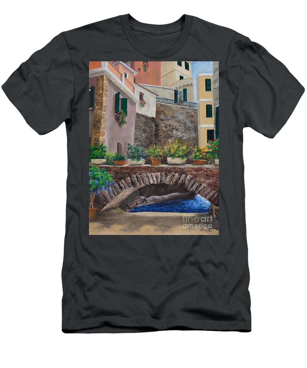 Italy Art T-Shirt featuring the painting Italian Arched Bridge With Flower Pots by Charlotte Blanchard