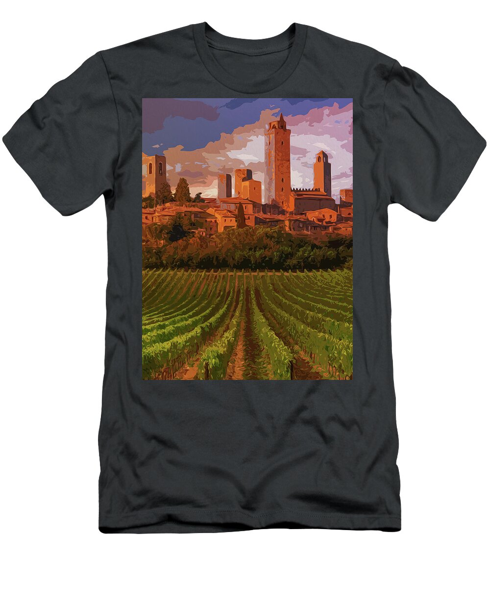Italy T-Shirt featuring the painting Italy, sunset on San Gimignano by AM FineArtPrints