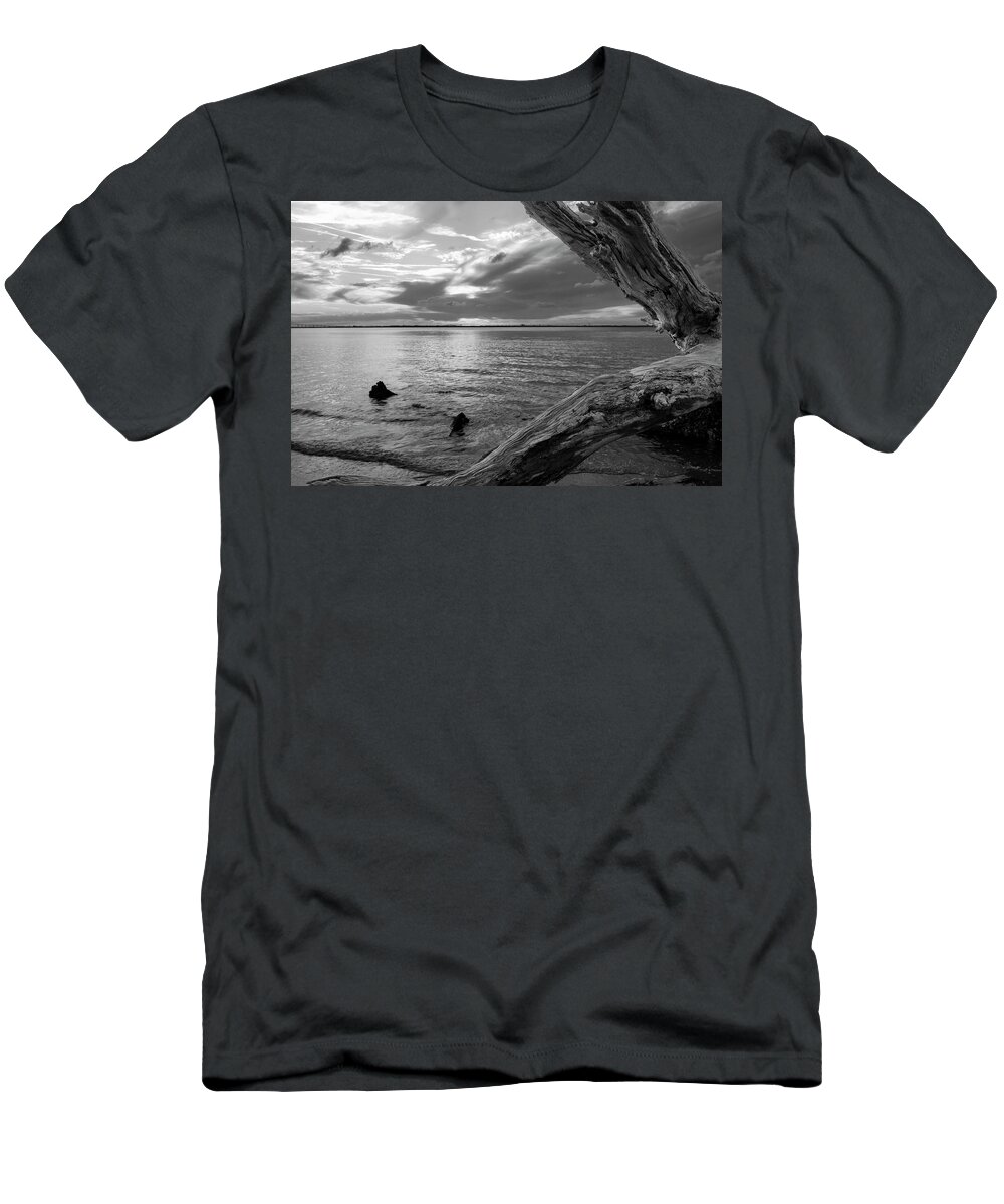 Jekyll Island T-Shirt featuring the photograph Jekyll Driftwood At Sunset In Black and White by Greg and Chrystal Mimbs