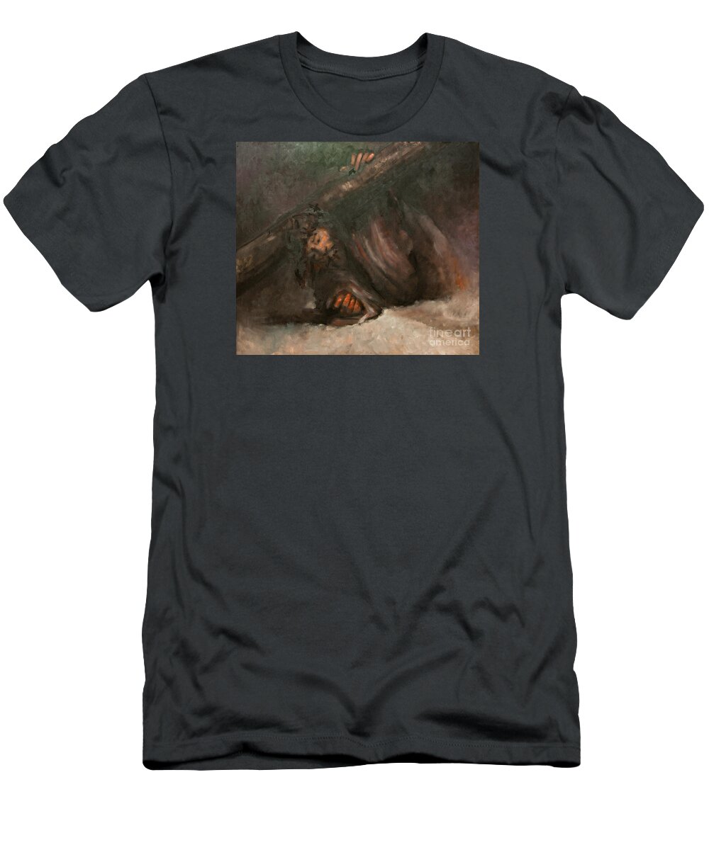 Jesus T-Shirt featuring the painting Jesus falls the second time by Dan Radi