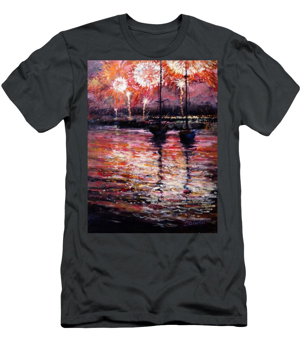 Fireworks T-Shirt featuring the painting July Fourth Fireworks on the Hudson by Peter Salwen