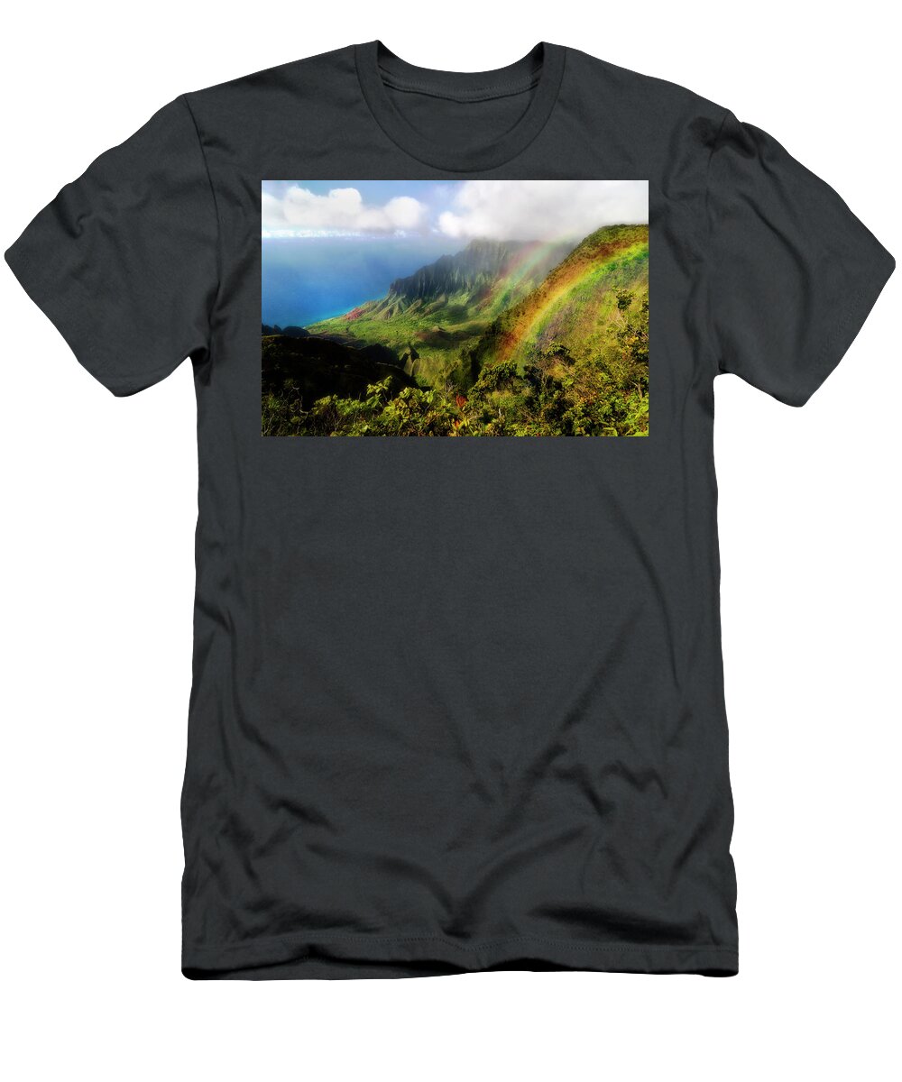 Lifeguard T-Shirt featuring the photograph Kalalau Valley Double Rainbows Kauai, Hawaii by Lawrence Knutsson