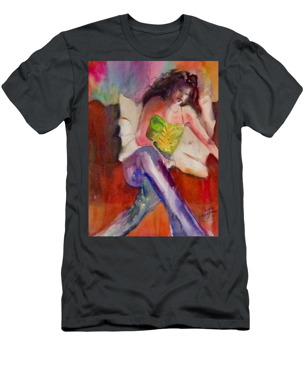 Women T-Shirt featuring the painting Karini in Blue Jeans #1 by Carole Johnson