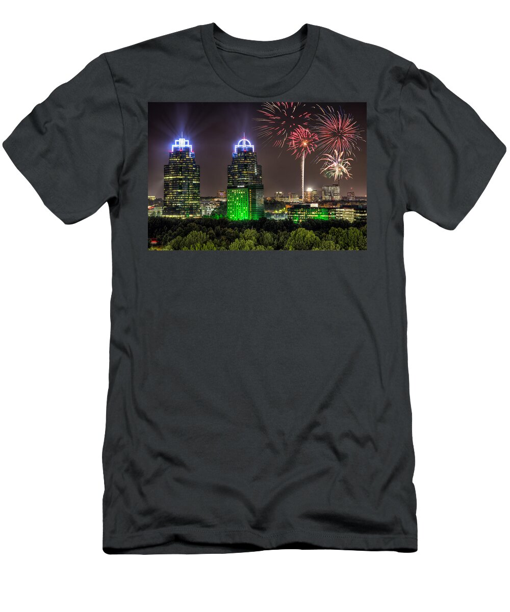 Sandy Springs T-Shirt featuring the photograph King And Queen Buildings Fireworks by Anna Rumiantseva