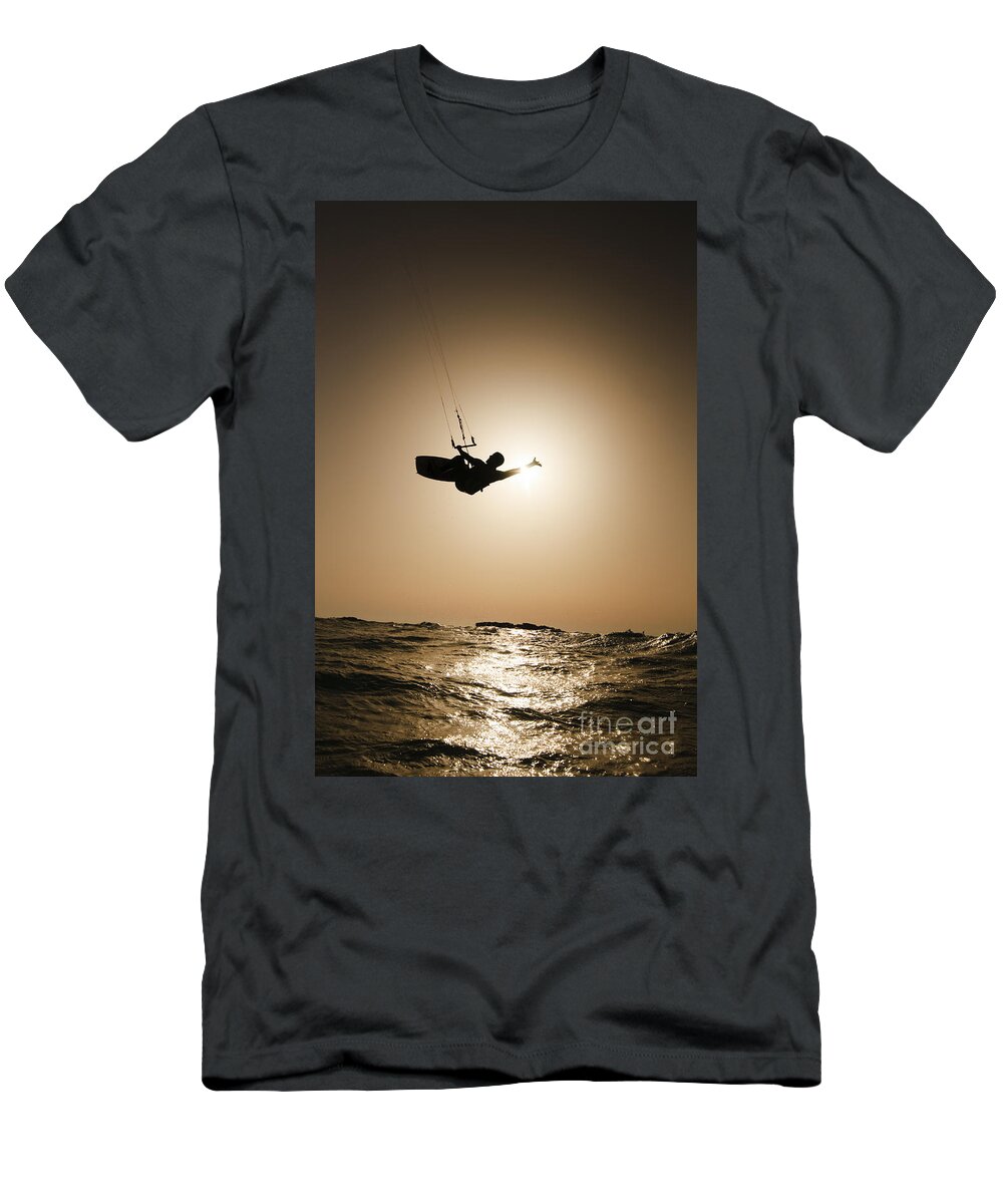 Kitesurfing T-Shirt featuring the photograph Kitesurfing at sunset by Hagai Nativ