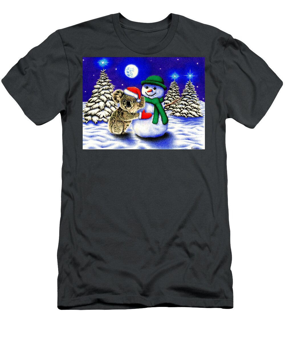 Koala T-Shirt featuring the drawing Koala with Snowman by Casey 'Remrov' Vormer
