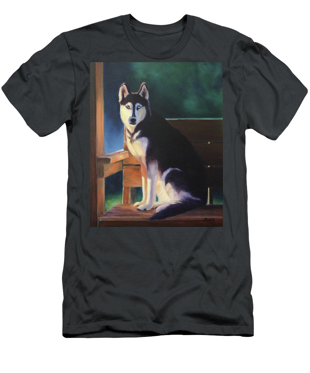 Siberian Husky; Morning Sunlight; Wooden Deck T-Shirt featuring the painting Kona Marie by Marg Wolf