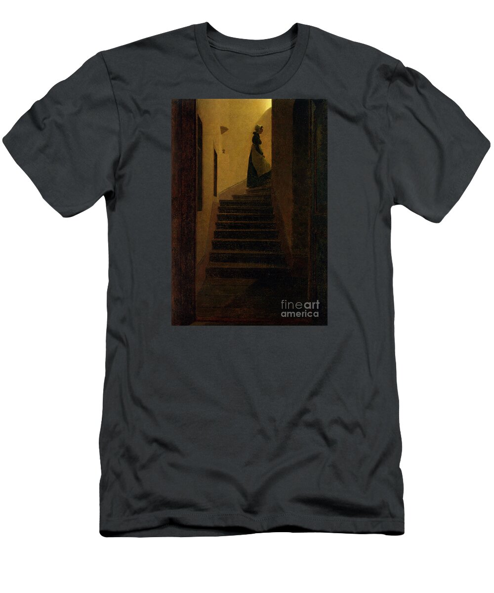 Caspar David Friedrich (1774 - 1840) T-Shirt featuring the painting Lady On The Staircase by MotionAge Designs