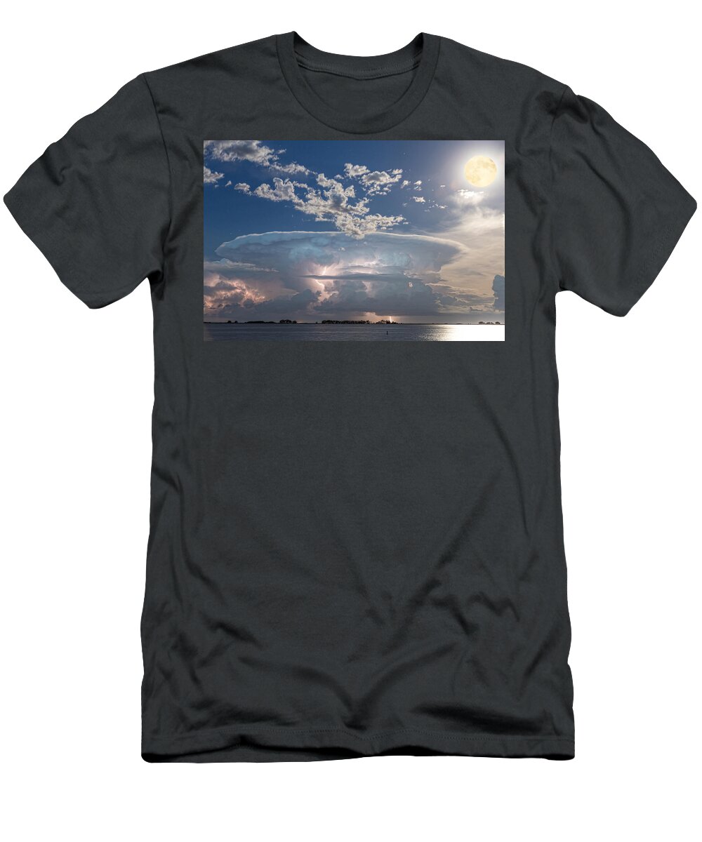 Storm T-Shirt featuring the photograph Lake Side Storm Watching With Full Moon by James BO Insogna