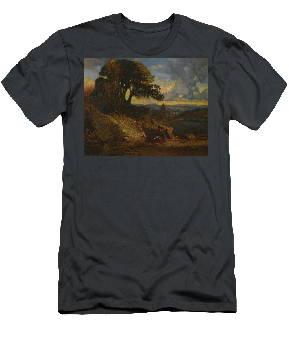 Alexandre-gabriel Decamps T-Shirt featuring the painting Landscape at sunset by Alexandre-Gabriel Decamps