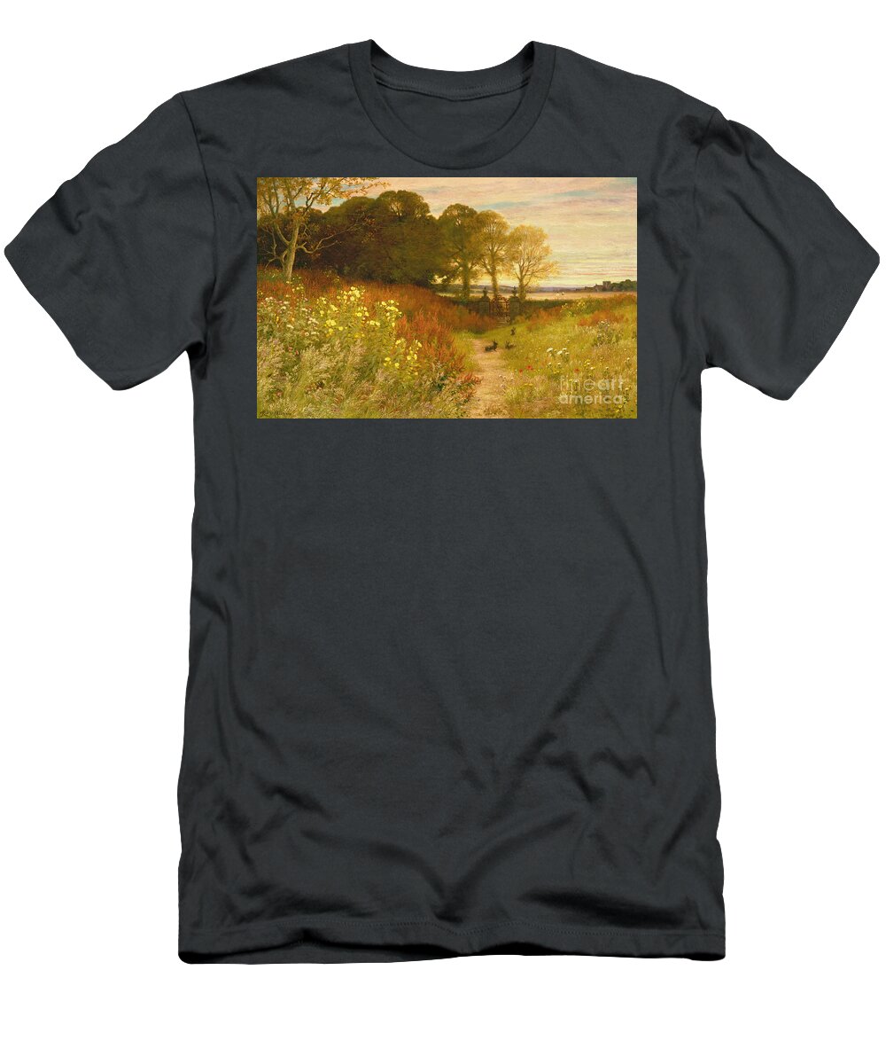 Landscape T-Shirt featuring the painting Landscape with Wild Flowers and Rabbits by Robert Collinson