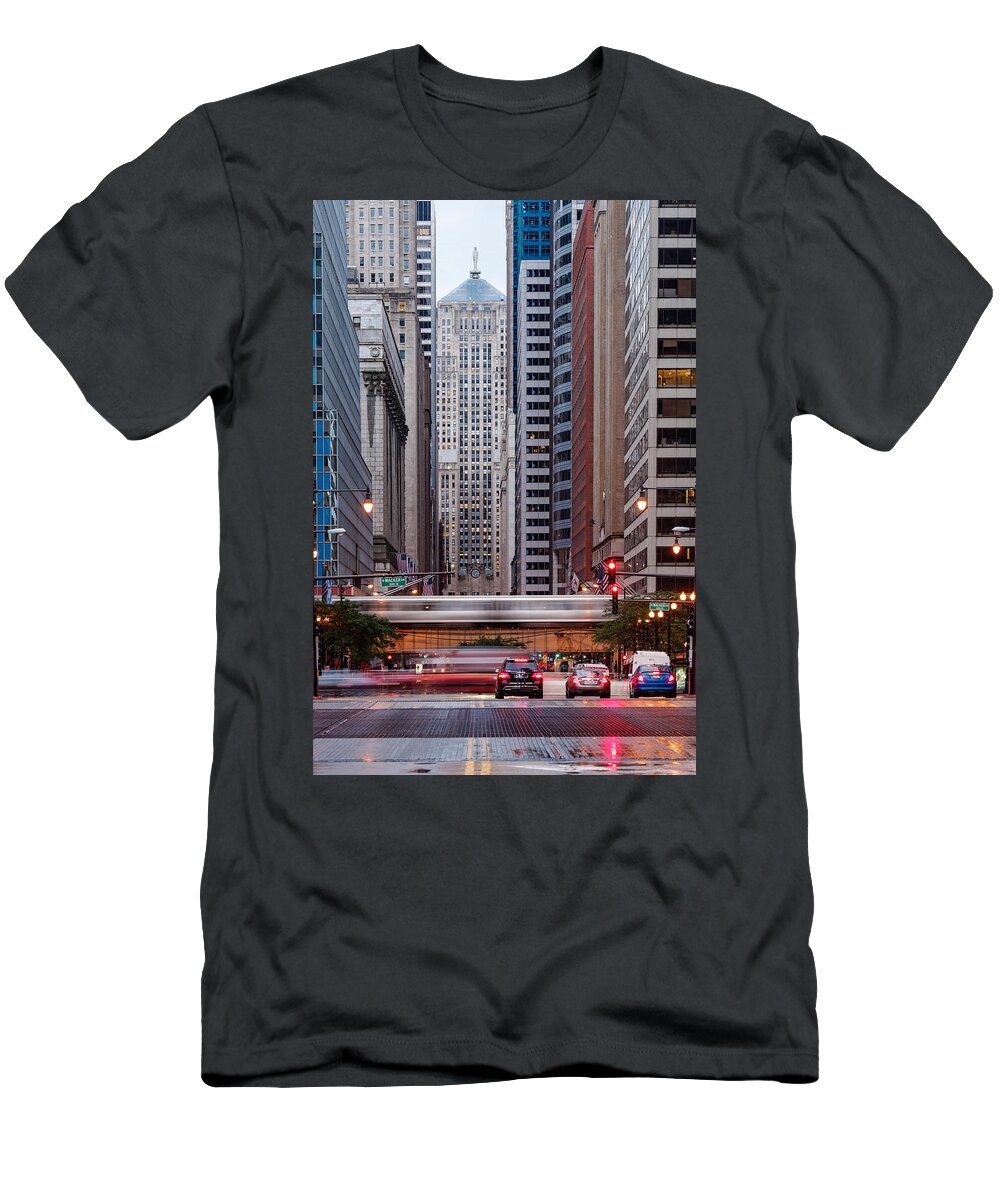 Windy T-Shirt featuring the photograph LaSalle Street Canyon With Chicago Board of Trade Building at the South Side II - Chicago Illinois by Silvio Ligutti