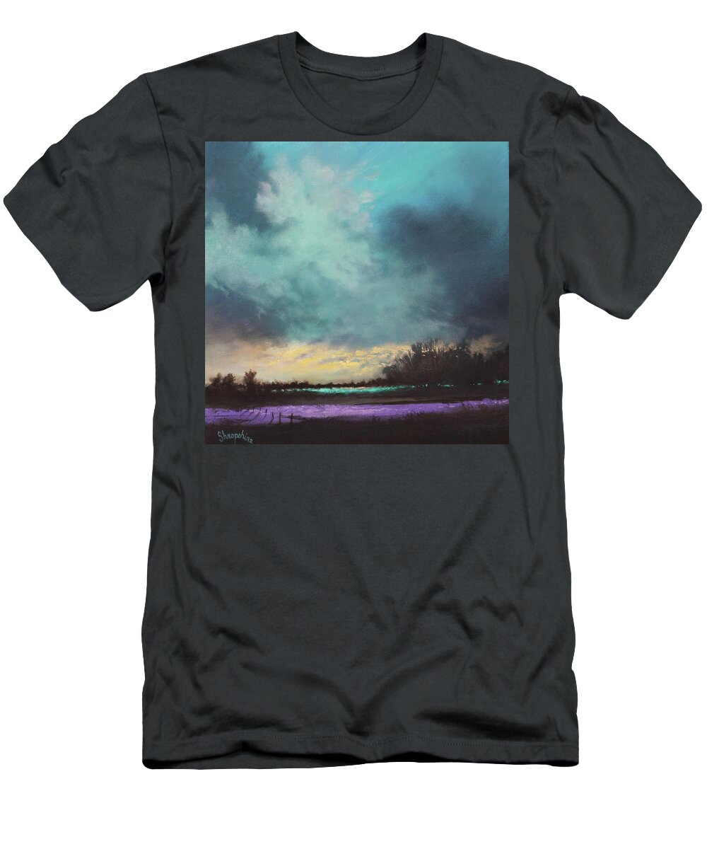 Blue And Lavender; Contemporary Landscape; Tom Shropshire Painting T-Shirt featuring the painting Lavender Fields by Tom Shropshire