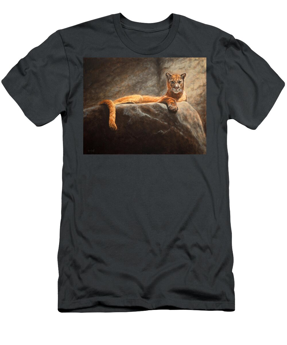 Cougar T-Shirt featuring the painting Laying Cougar by Linda Merchant