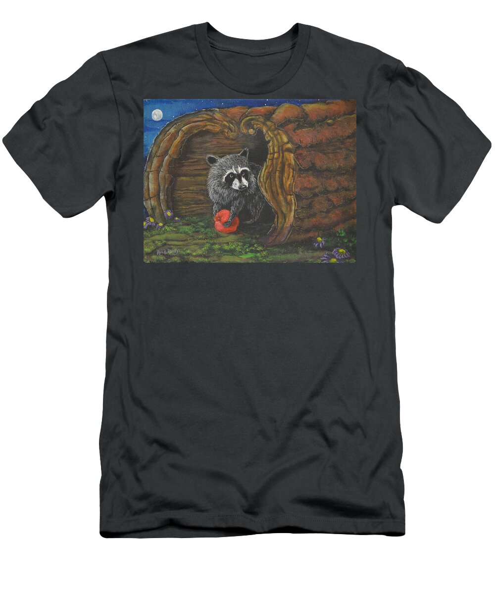 Raccoon T-Shirt featuring the painting Laying Low by Rod B Rainey