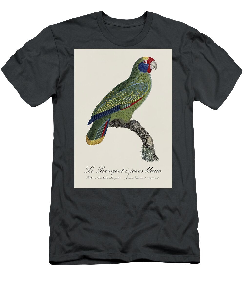 Perroquet T-Shirt featuring the painting Le Perroquet a joues bleues / Red-tailed amazon - Restored 19th c. parrot illustration by Barraband by SP JE Art