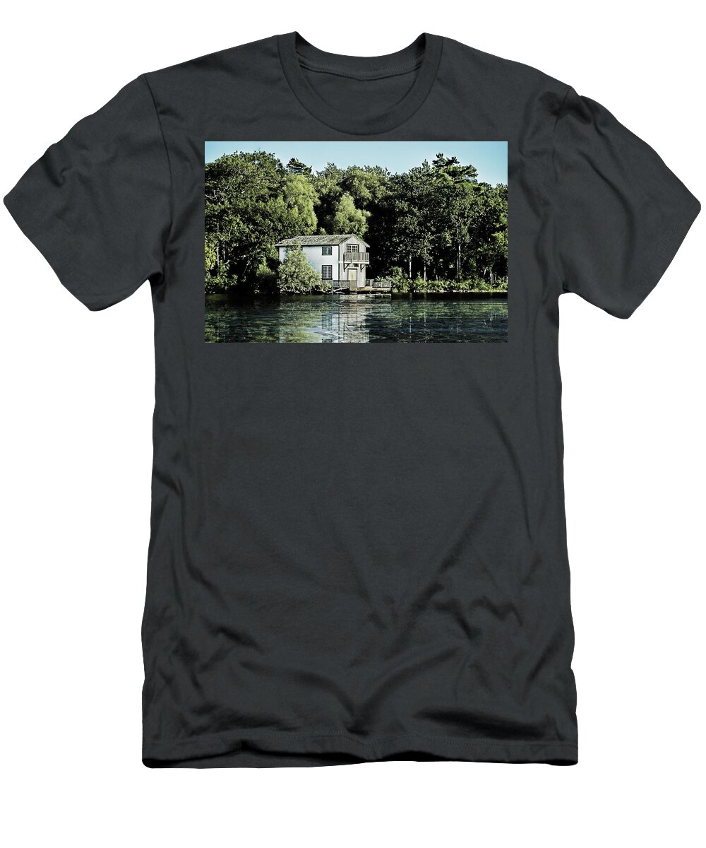 Orillia T-Shirt featuring the digital art Leacock Boathouse by JGracey Stinson