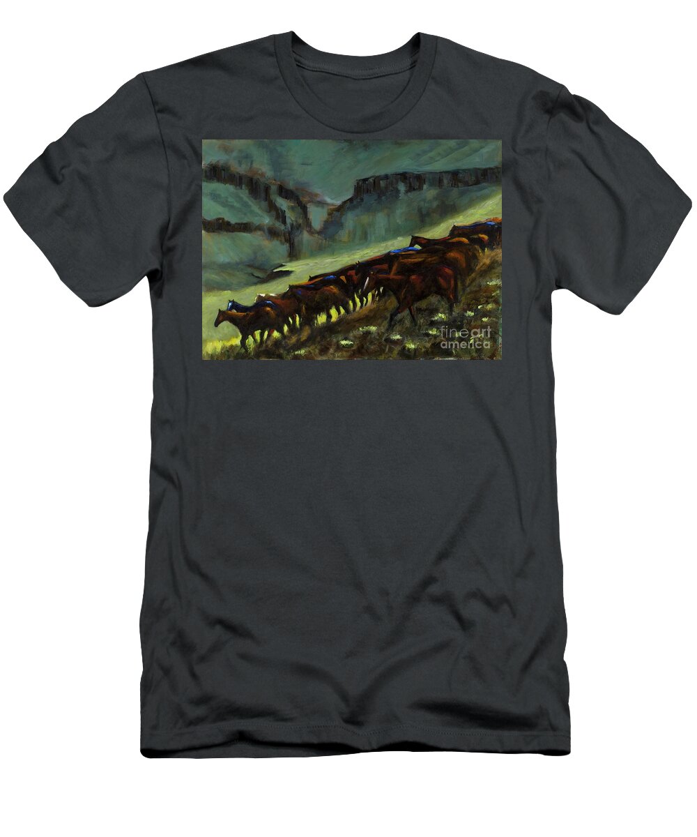 Horses T-Shirt featuring the painting Leaving The Mesa by Frances Marino