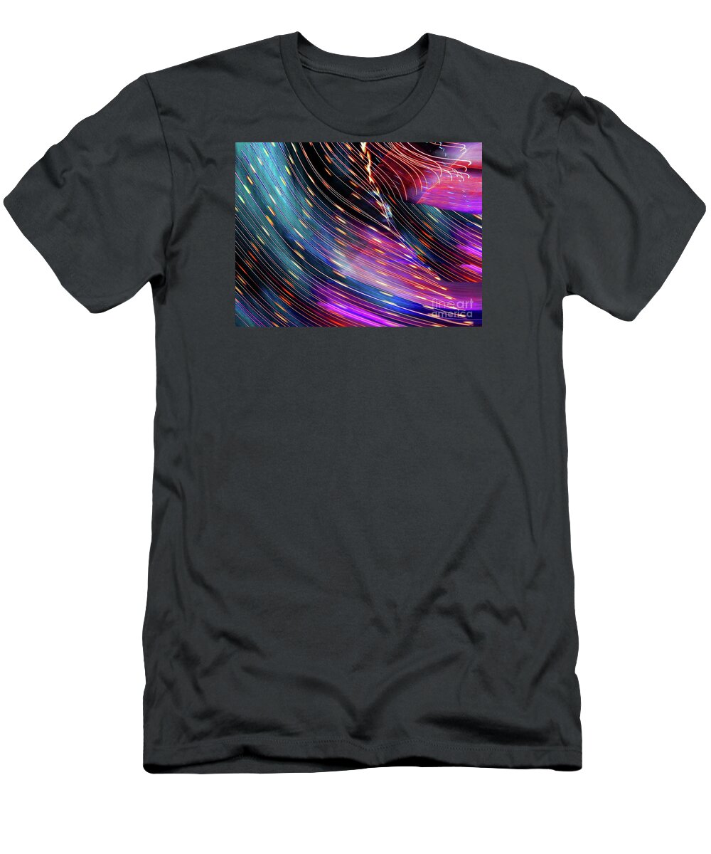 Light Beads Traveling Along Lit Strands Accompanied By Sheets Of Morphing Colors.accented By Darker Contrasting Areas T-Shirt featuring the photograph Light harp melody by Priscilla Batzell Expressionist Art Studio Gallery