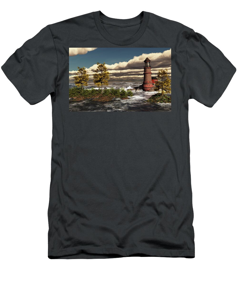 Lighthouse Ocean Scene T-Shirt featuring the digital art Lighthouse Ocean Scene by John Junek