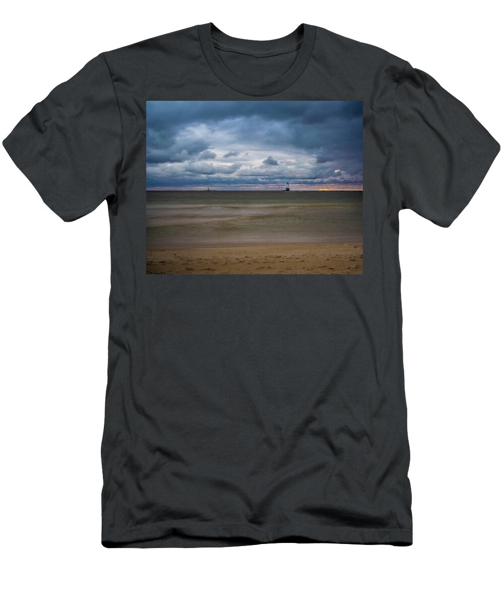Ludington Mi T-Shirt featuring the photograph Lighthouse Under Brewing Clouds by Lester Plank