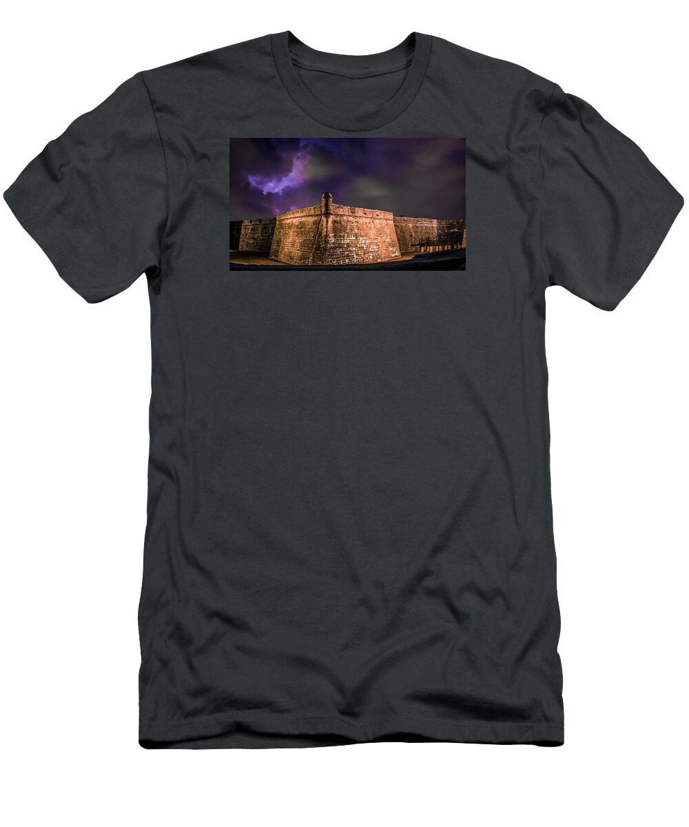 America T-Shirt featuring the photograph Lightning Over Castillo de San Marcos National Monument by Traveler's Pics