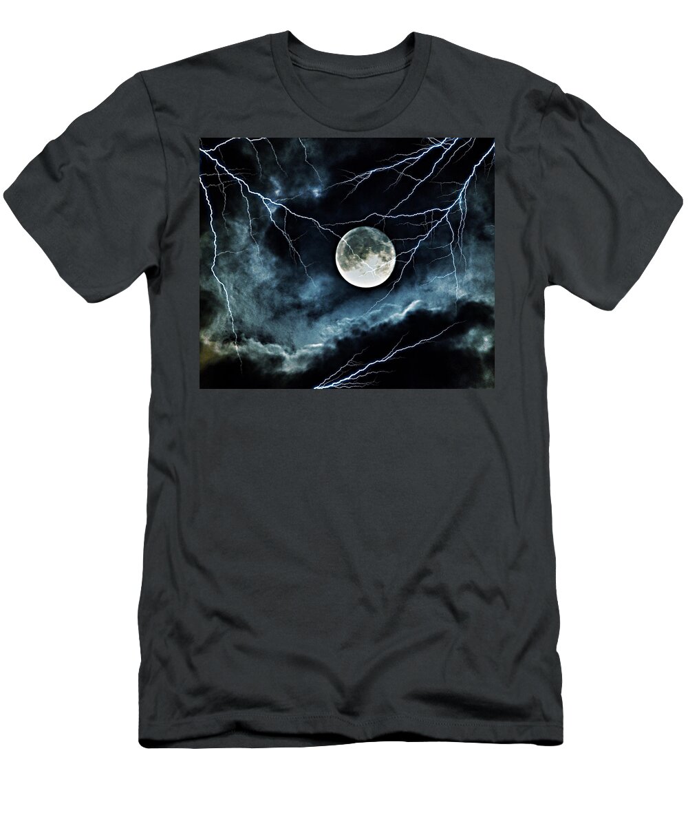 Lightning Sky At Full Moon T-Shirt featuring the photograph Lightning Sky at Full Moon by Marianna Mills