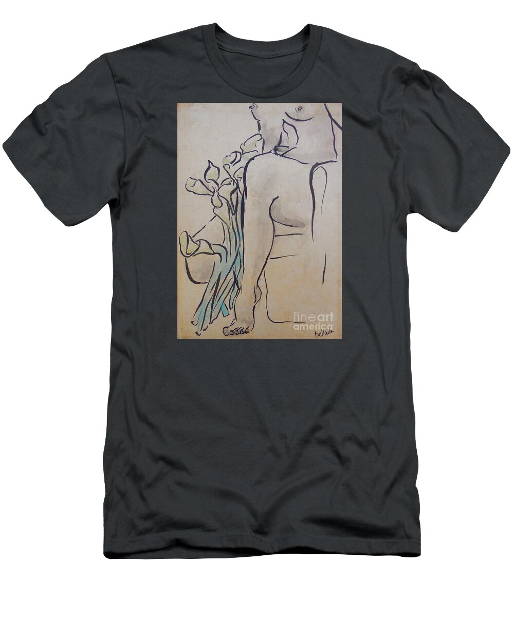 Nude T-Shirt featuring the drawing Lilies by M Bellavia