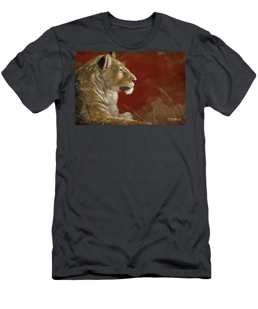 Lion T-Shirt featuring the painting Lioness in the Shade by Kathie Miller