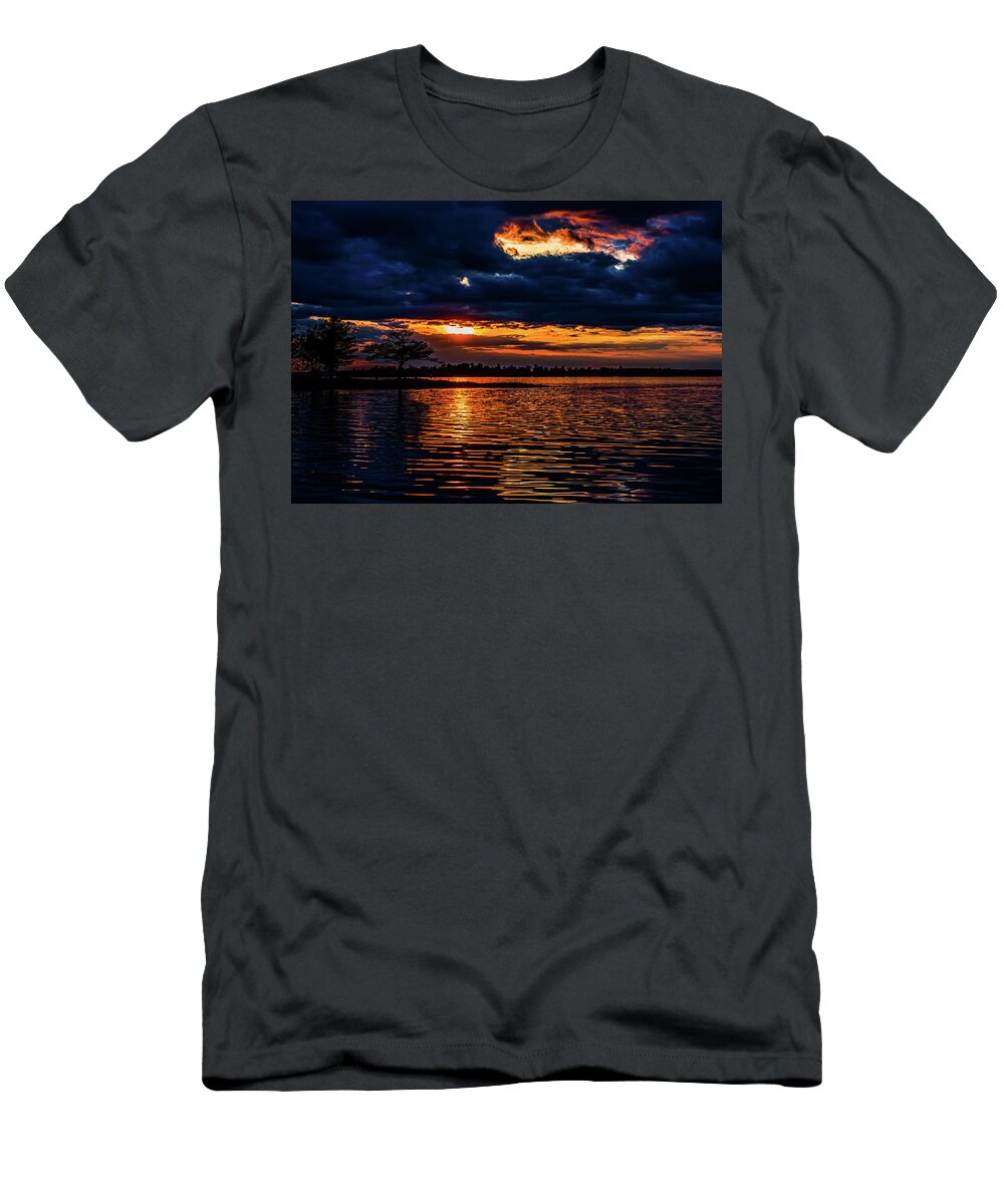 Higgins Lake Sunset T-Shirt featuring the photograph Liquid Gold by Joe Holley