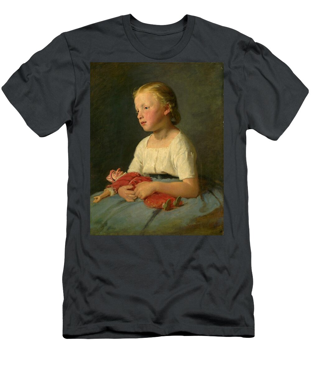 Portrait T-Shirt featuring the painting Little girl with a doll, Gyula Benczur 1863 by Vincent Monozlay
