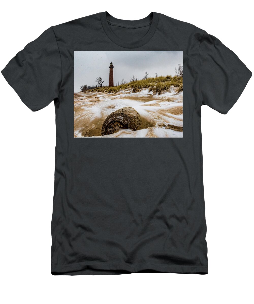 Little Sable Lighthouse T-Shirt featuring the photograph Little Sable in Winter by Joe Holley