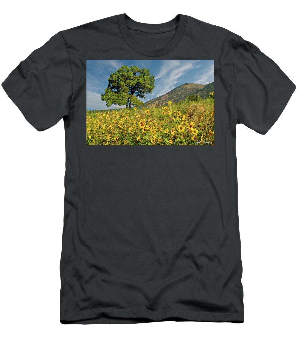 Arizona T-Shirt featuring the photograph Lone Tree in a Sunflower Field by Jeff Goulden