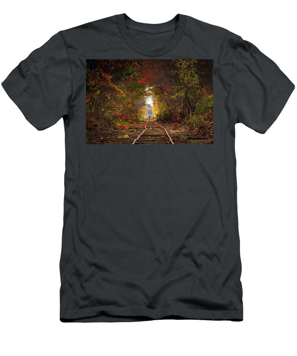 Foliage T-Shirt featuring the photograph Looking down the tracks by Darryl Hendricks