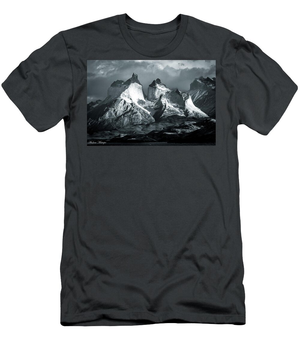 Mountain T-Shirt featuring the photograph Los Cuernos in Black and White by Andrew Matwijec