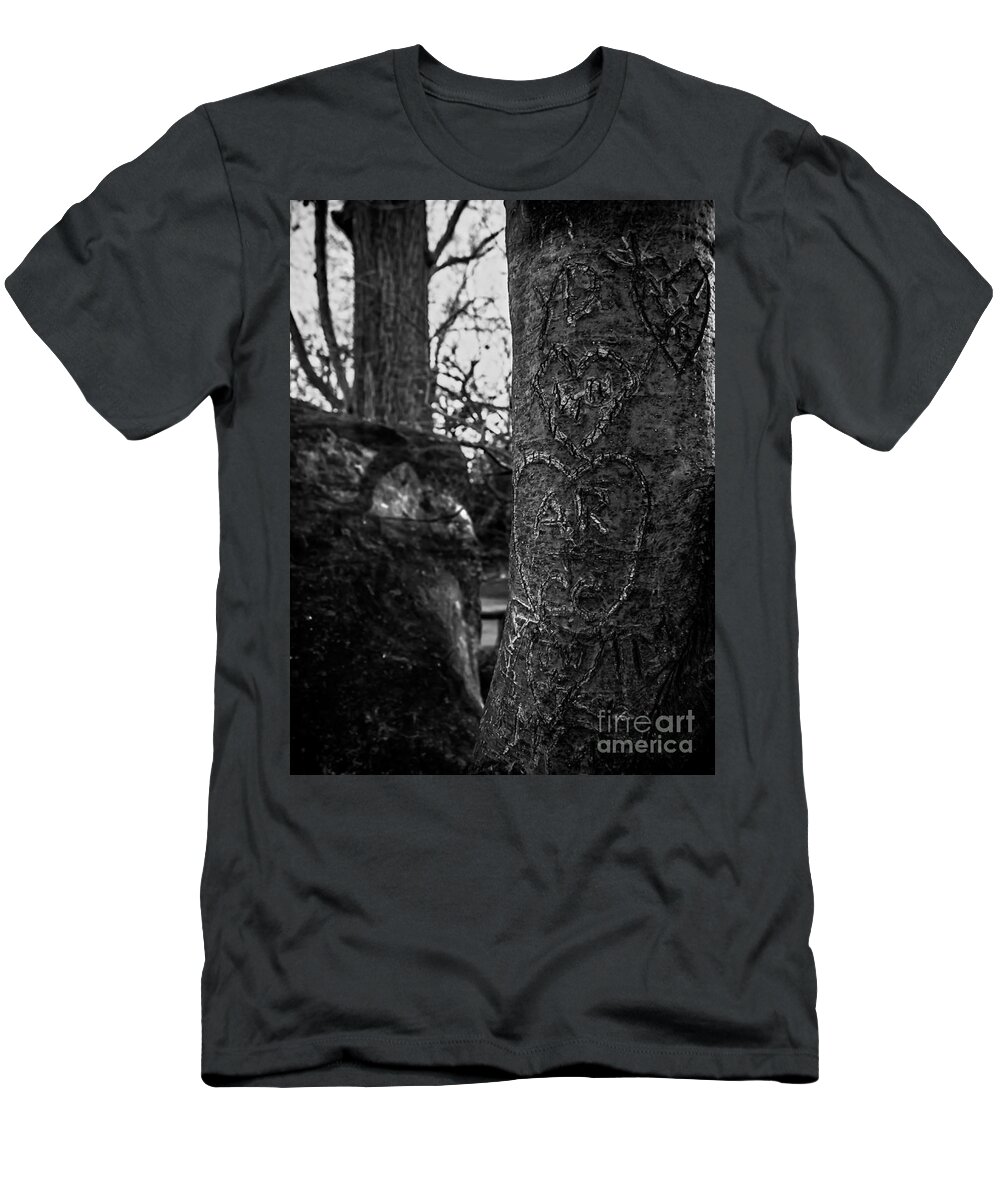 Tree T-Shirt featuring the photograph Love's Scars in Central Park - BW by James Aiken