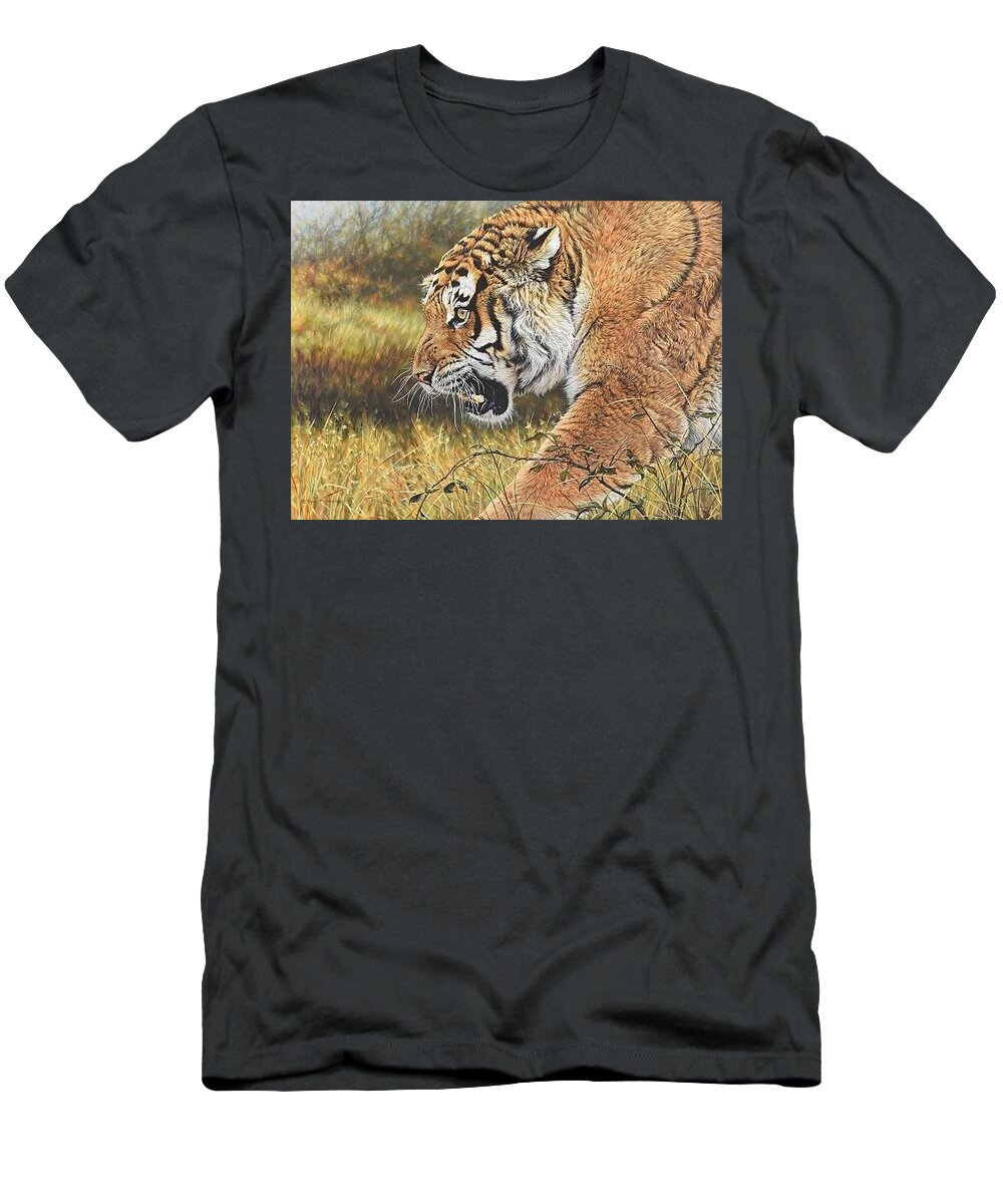 Tiger T-Shirt featuring the painting Lunchtime - Tiger by Alan M Hunt